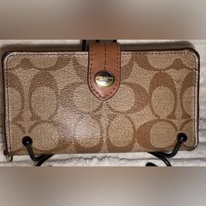 Coach Signature Canvas Leather Tan and Brown Long Wallet Clutch Card Holder